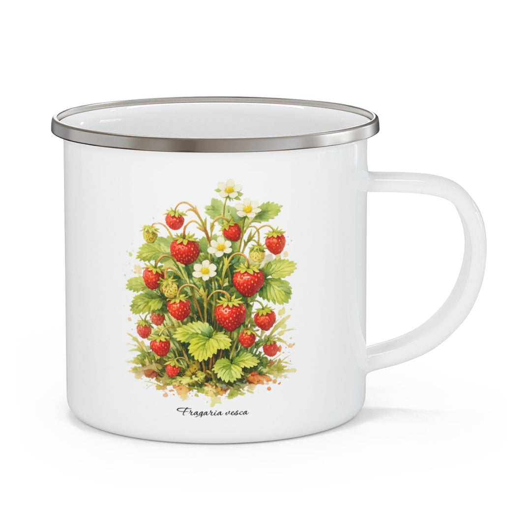 Hippuli brändin valkoinen emalimuki, jossa on maalattu kuva Fragaria vesca -ahomansikoista. Kuva edestä.