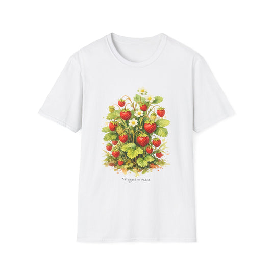 Hippuli brändin valkoinen unisex puuvillainen t-paita, jossa on maalattu kuva Fragaria vesca -ahomansikoista.