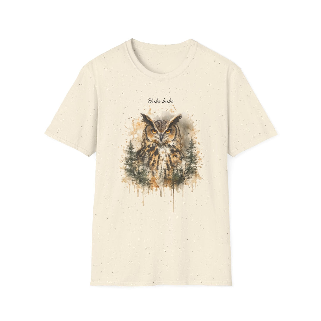 Hippuli brändin beige unisex puuvillainen t-paita, jossa on maalattu kuva Bubo bubo -huuhkajasta.