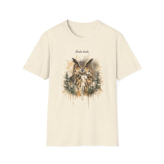 Hippuli brändin beige unisex puuvillainen t-paita, jossa on maalattu kuva Bubo bubo -huuhkajasta.