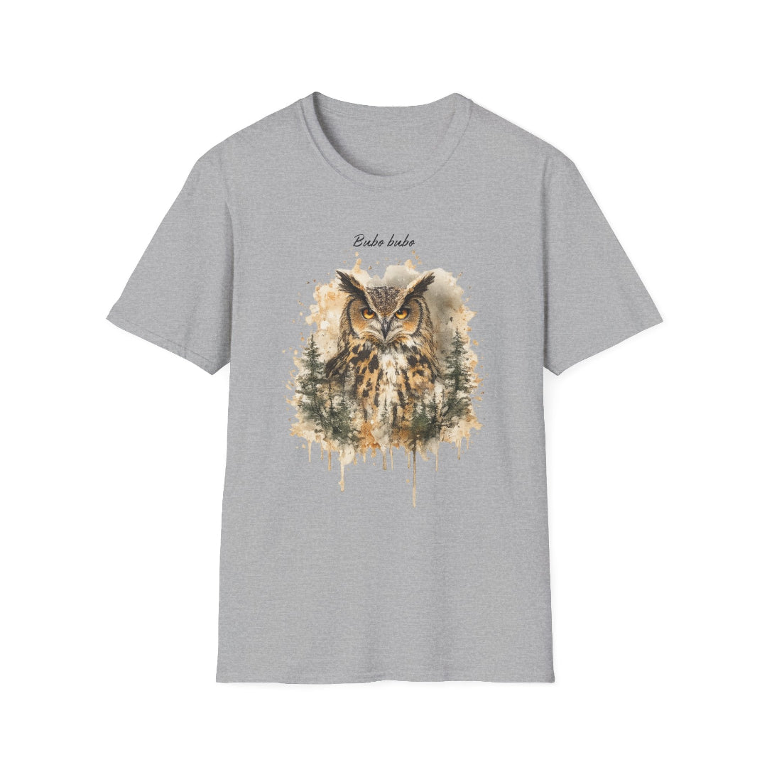 Hippuli brändin harmaa unisex puuvillainen t-paita, jossa on maalattu kuva Bubo bubo -huuhkajasta.