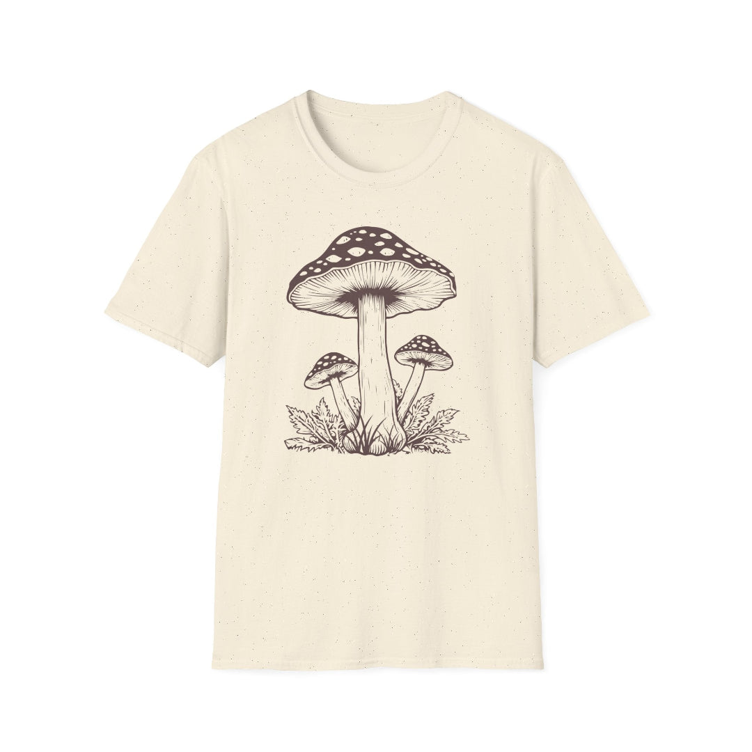 Hippuli brändin beige unisex puuvillainen t-paita, jossa on tummanruskealla piirretty kärpässieni.
