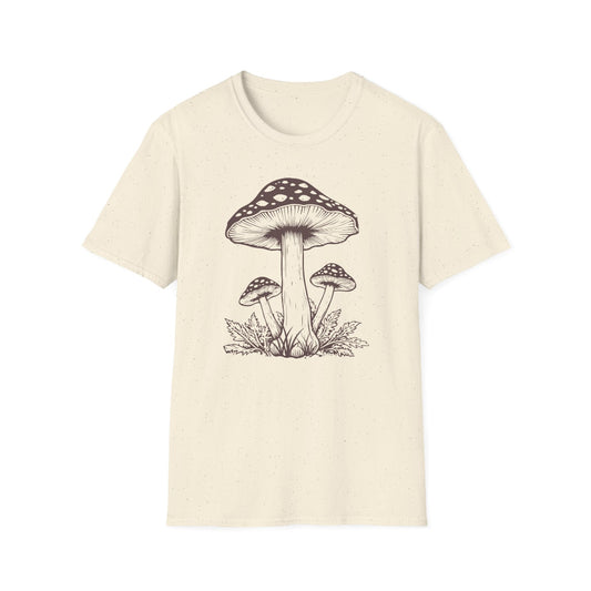 Hippuli brändin beige unisex puuvillainen t-paita, jossa on tummanruskealla piirretty kärpässieni.
