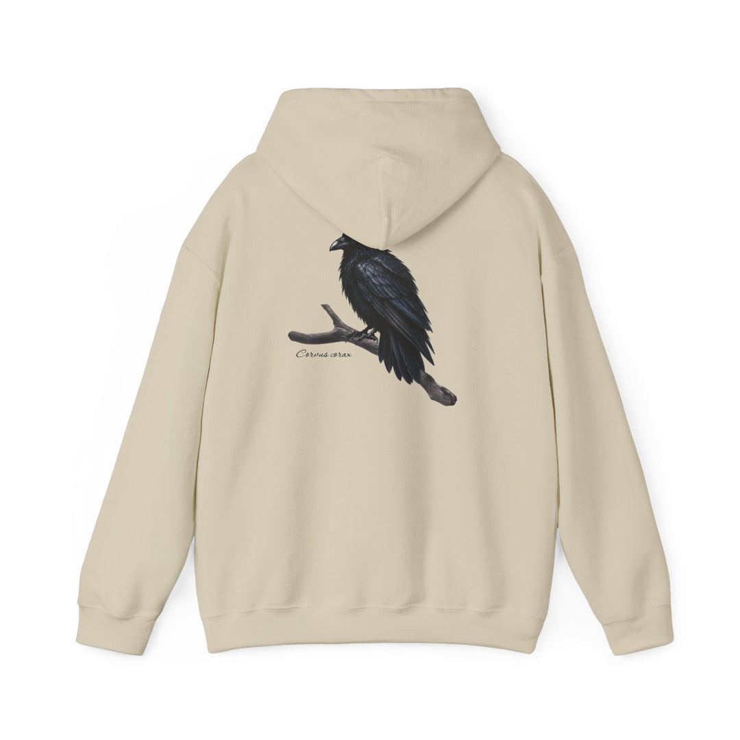 Hippuli brändin beige huppari, jossa on maalattu kuva puun oksalla istuvasta Corvus corax -korpista. Kuvassa huppu alhaalla.
