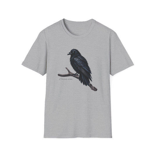 Hippuli brändin harmaa unisex puuvillainen t-paita, jossa on maalattu kuva puunoksalla istuvasta Corvus corax -korpista.