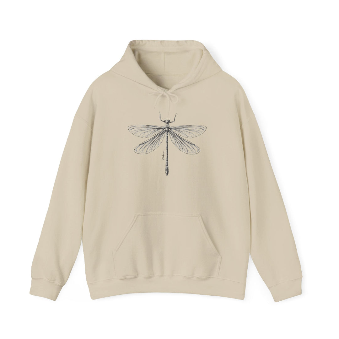 Hippuli brändin beige unisex huppari, jossa on mustavalkoinen kuva sudenkorennosta.