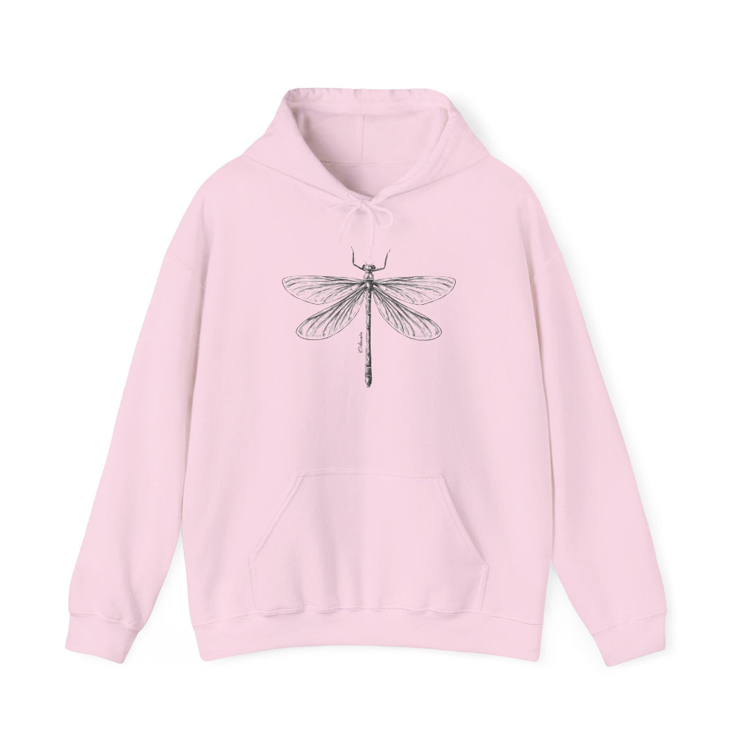 Hippuli brändin vaaleanpunainen unisex huppari, jossa on mustavalkoinen kuva sudenkorennosta.