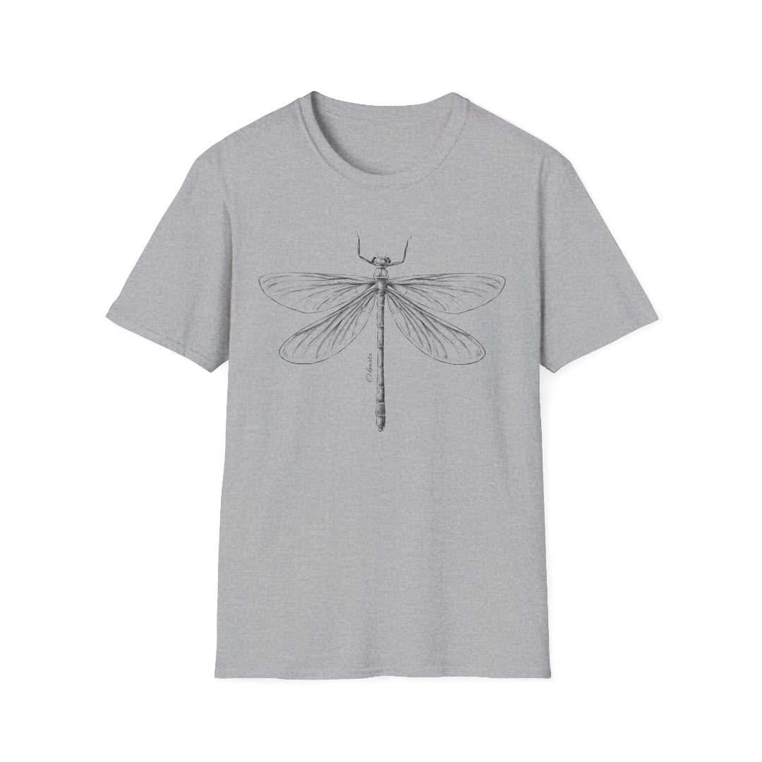Hippuli brändin harmaa unisex t-paita, jossa on mustavalkoinen kuva sudenkorennosta.