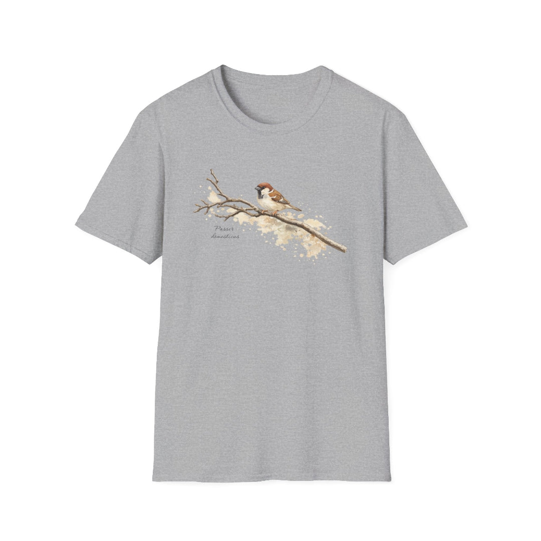 Hippuli brändin harmaa unisex puuvillainen t-paita, jossa on maalattu kuva oksalla istuvasta Passer domesticus -varpusesta.