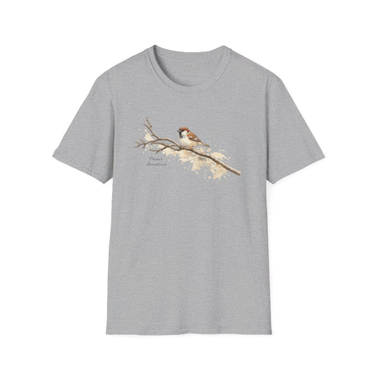 Hippuli brändin harmaa unisex puuvillainen t-paita, jossa on maalattu kuva oksalla istuvasta Passer domesticus -varpusesta.